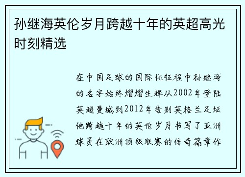 孙继海英伦岁月跨越十年的英超高光时刻精选