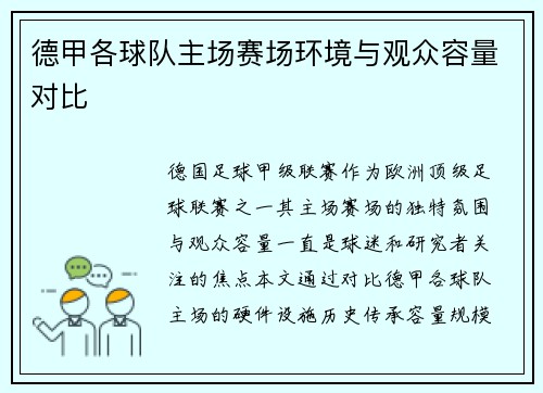 德甲各球队主场赛场环境与观众容量对比